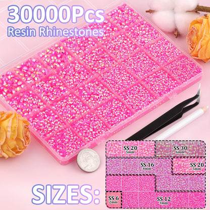 30000Pcs Hot Pink AB Rhinestones for Bedazzling with B7000 Jewelry Glue, Bedazzler Kit Flatback Gems, Resin Rhinestones for Crafting Crafts Clothing Shoes Fabric Nail Art Assorted Size 2/3/4/5/6mm