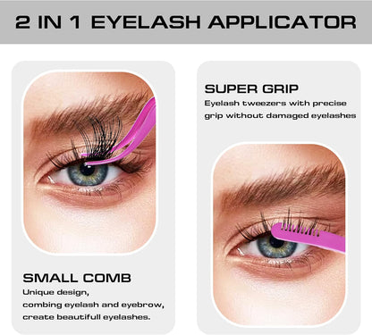 2 in 1 Lash Tweezer with Comb, Stainless Steel Elbow Tweezers, Eyelash Extension, Precise Eyebrow Tweezers Tool, Lashes Tweezer Applicator for DIY Applying False Eyelashes Clusters, Rose