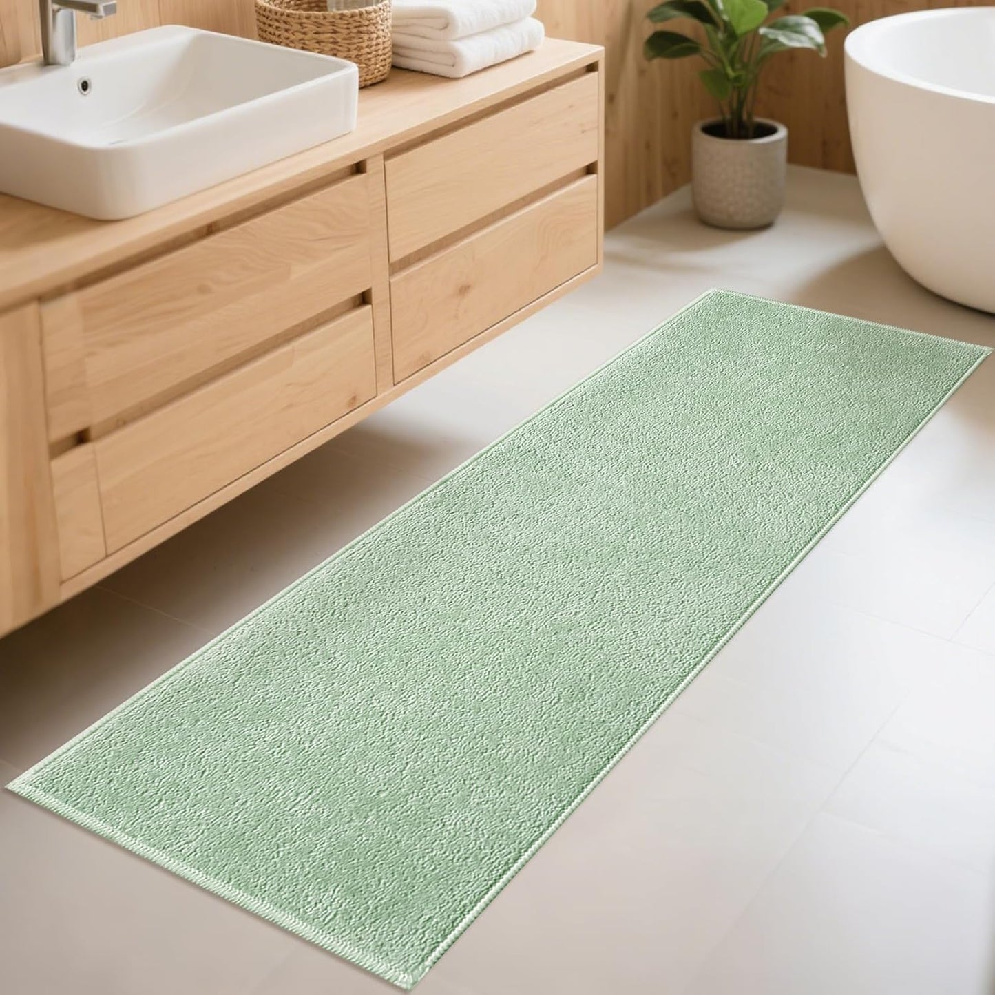 Bathroom Runner Rugs, Thin Absorbent Non-Slip Bath Mat, Quick Dry Low Pile Mats for Bathroom Floor Front of Bathtub,Shower Room,Sink,24"×60",Sage Green