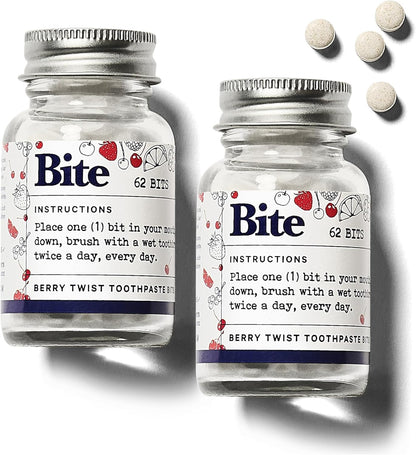 Bite Whitening Toothpaste Tablets – Nano Hydroxyapatite & Xylitol (Berry Twist) | Sensitive Teeth & Kid-Friendly | No Fluoride, Vegan, Cruelty-Free | Travel-Size | 2 Bottles (124 Bits) | Made in USA