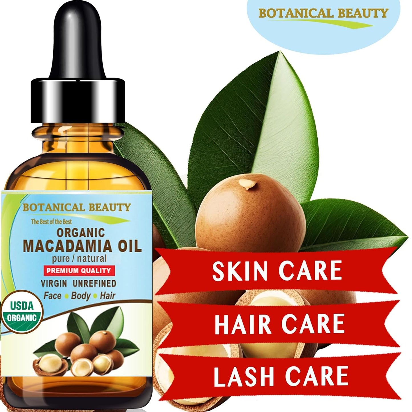 Botanical Beauty Organic MACADAMIA OIL 100% Pure Natural VIRGIN UNREFINED Cold-Pressed Carrier Oil for Face, Skin, Body, Hair, Lip, Nails. Rich in Vitamin E (1 Fl Oz)