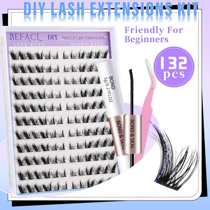 Natural Lash Clusters Wispy Cluster Eyelash Extensions Spiky Individual Lashes 8-17mm LC Curl Manga Eyelash Clusters with Lash Bond and Seal Soft Lashes Clusters Kit(132Pcs)