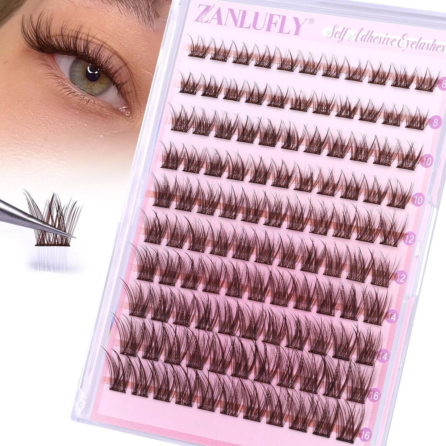 Self Adhesive Eyelashes Brown Self Adhesive Lash Clusters Natural No Glue Lashes Dark Brown Eyelash Extensions Pre-glued Eyelash Clusters Wispy Press on Individual Lashes 8-16mm by ZANLUFLY