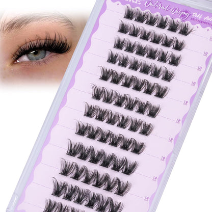 JIMIRE Self Adhesive Eyelashes Manga Lash Clusters Natural Look 10-14MM Wispy Pre Glued Lashes Clusters No Glue Needed D-Curly Natural Cluster Lashes Reusable Invisible Band Press on Lashes