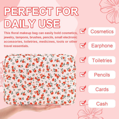 Waterproof Large Floral Makeup Pouch,Nylon Travel Toiletry Storage Purse Preppy Cosmetic Bag for Women Girl,Large Capacity Makeup Organizer Zipper Pouch for Work(L Pink-Flowers)