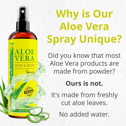 Seven Minerals, Organic Aloe Vera Spray for Body & Hair - From Freshly Cut Aloe Plant, Extra Strong, Easy to Apply, No Thickeners So It Absorbs Rapidly, No Sticky Residue - Made in USA (Big 12 fl oz)
