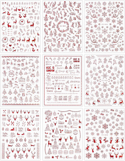 9 Sheets Christmas Nail Art Stickers Decals Self-Adhesive Pegatinas Uñas Navidad Holiday Red Xmas Snowflake Winter Nail Supplies Nail Art Design Decoration Accessories