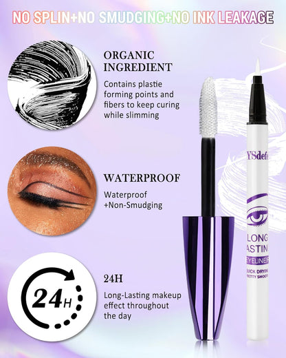 Blue Mascara Liquid Eyeliner Set, Update Longlasting Waterproof Color Eye Liner Pen, 5D Silk Fiber Colored Mascara Volume and Length, Halloween Party Stage Use Eye Makeup Gift Kit for Women Girl-04
