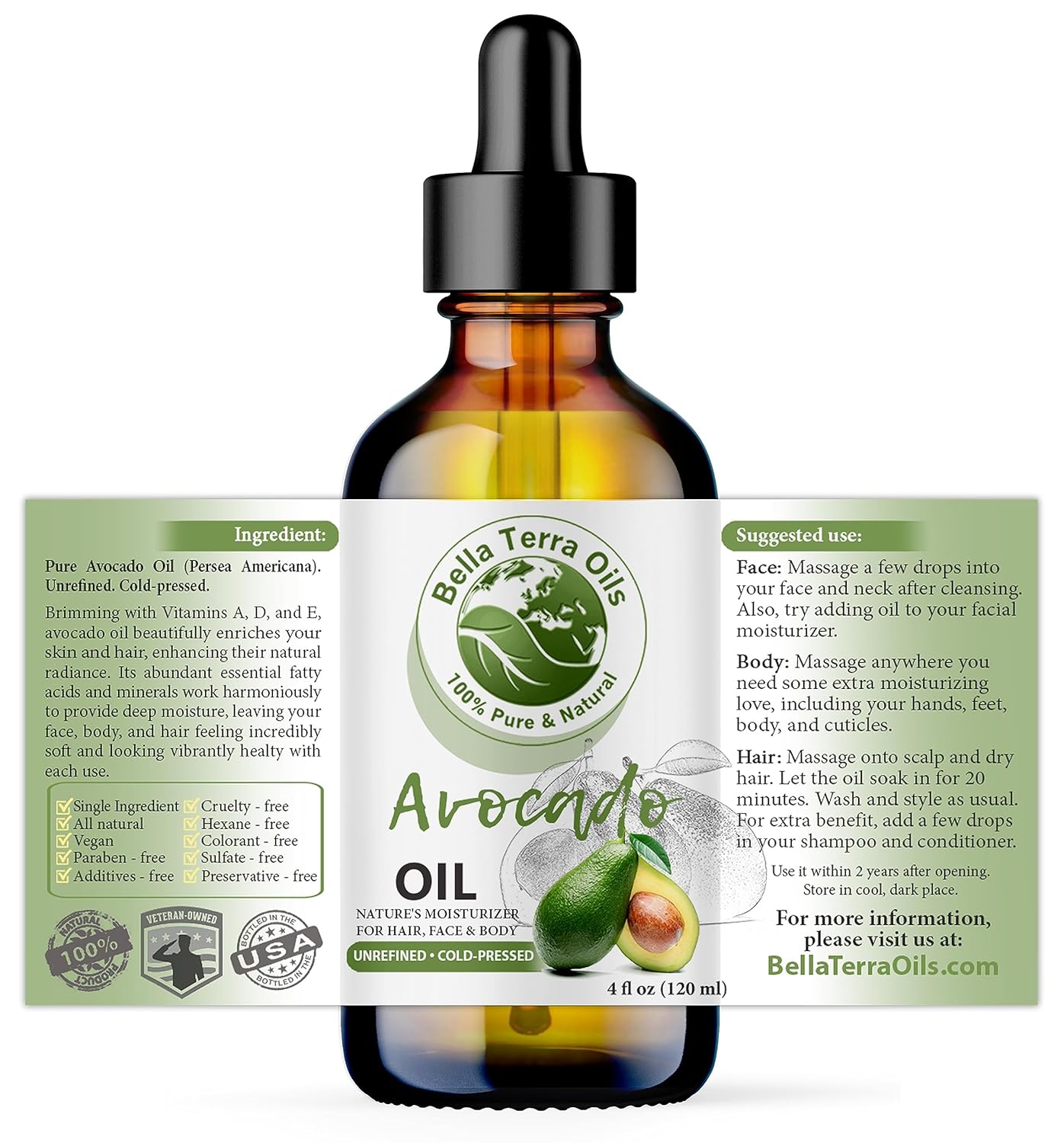 Bella Terra Oils - Avocado Oil 4oz - Pure Essence of Cold-Pressed Avocado, Boosted with Vitamin A, Impeccable for Mixing and Blending
