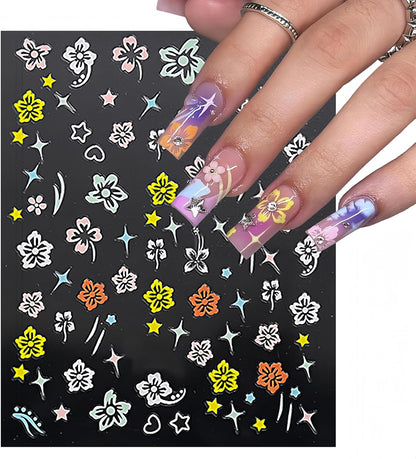 8 Sheets 3D Colored Flower Nail Stickers Summer Hibiscus Nail Decals 3D Self-Adhesive White Pink Gold Flower Pattern Women's Nail Art Supplies Decoration Accessories