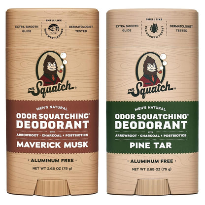Dr. Squatch Natural Deodorant for Men - Odor-Squatching Aluminum Free - Maverick Musk & Pine Tar (2.65 oz, 2-Pack)