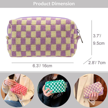 PAZIMIIK Checkered Makeup Bag for Purse Portable Zipper Make Up Pouch Small Cosmetic Case for Travel Accessories (Purple)