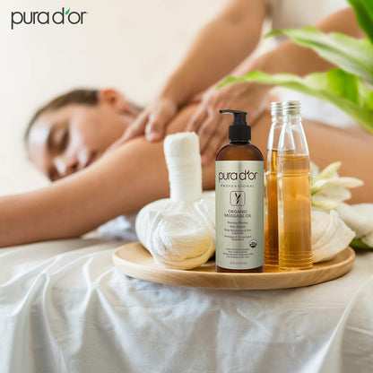 PURA D'OR 16 Oz ORGANIC Massage Therapy Oil USDA Certified Almond, Apricot, Argan, Ginger, Jojoba, Lavender Oils For Silky & Softer Skin - Body Moisturizer & Skin Lubricant - Aromatherapy & Relaxation