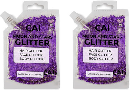 Face, Body & Hair Glitter Gel – Halloween Glitter for Kids and Women – 3 Oz Cosmetic-Grade Gel w/Moon & Stars for Festivals & Halloween Party, Easy Apply & Wash Off - Violet 2Pack