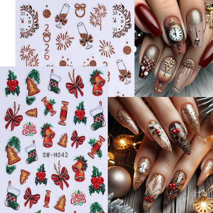 4Sheet Christmas Nail Art Stickers Santa Claus Elk Snowflake Nail Decals 3D Self-Adhesive Fireworks Clock Bow Designs Nail Supplies Winter Xmas Nail Sticker Nail Art for Women DIY New Year Nail Decor