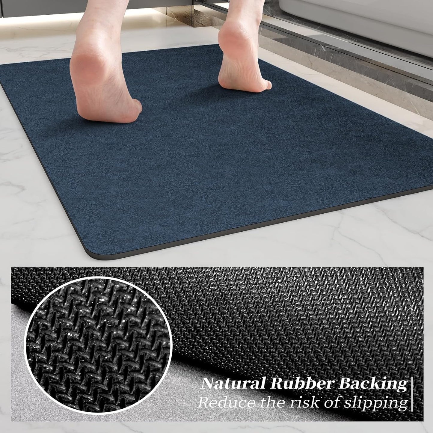 Navy Blue Long Bathroom Mat Rugs 59x17 Long Diatomaceous Earth Bath Mat Large Quick Dry Bath Mat Non Slip Rubber Backed Super Absorbent Shower Mat, Thin Bathroom Runner Rugs Floor Mat Fit Under Door