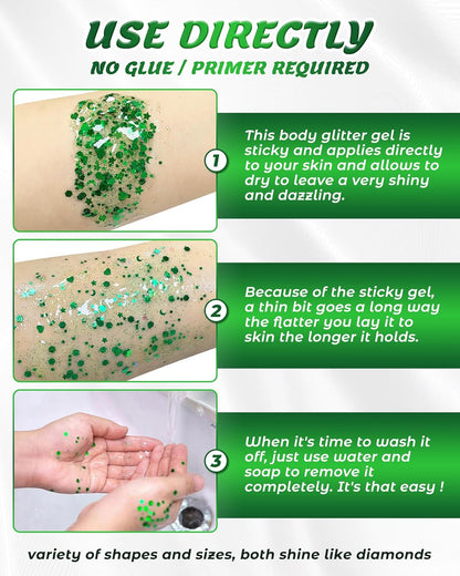 6PCS Green Face & Body Glitter Gel Kit - Holographic Chunky Sequins for Festival, Rave Accessories | Green Face Paint for Women, Kids Sparkling Makeup | Easy to Apply & Wash Off