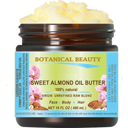 Botanical Beauty SWEET ALMOND OIL BUTTER Pure Natural Virgin Unrefined RAW for FACE, SKIN, BODY, DAMAGED HAIR, NAILS. (16 Fl Oz)