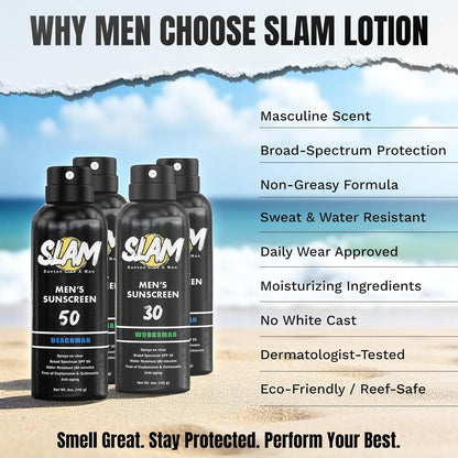 SLAM WoodsMan Men's Scented Sunscreen Spray SPF 50 – Broad Spectrum Sun Screen for Face & Body, Waterproof & Sweat Resistant Spray Sunscreen SPF 50, UVA/UVB Protection, Mens Sunblock