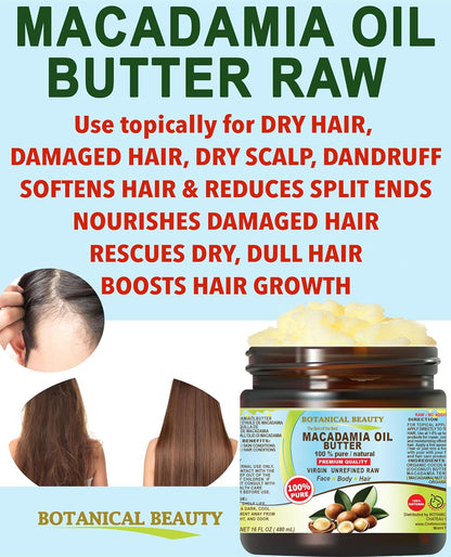 Botanical Beauty MACADAMIA OIL BUTTER 100% Pure Natural VIRGIN UNREFINED Cold-Pressed for Face, Skin, Body, Hair, Lip, Nails. Rich in Vitamin E, Omega 3, Omega 6 (16 Fl Oz)