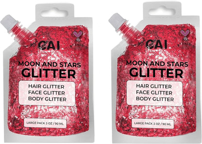 Face, Body & Hair Glitter Gel – Halloween Glitter for Kids and Women – 3 Oz Cosmetic-Grade Gel w/Moon & Stars for Festivals & Halloween Party, Easy Apply & Wash Off - Red 2Pack