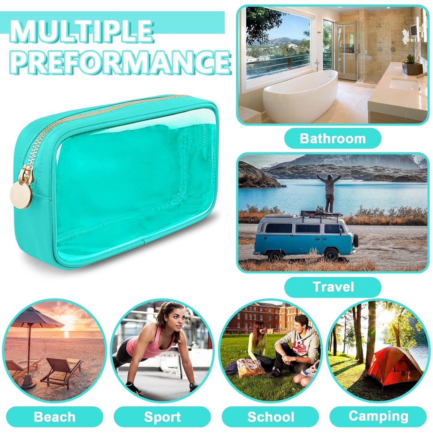 Clear Small Makeup Bag with Zipper, Nylon&PVC Cosmetic Travel Bag Preppy TSA Approved Toiletry Bag for Women Girls, Transparent Waterproof Makeup Pouches Cute Travel Bag for Purse(Small-Mint Green)