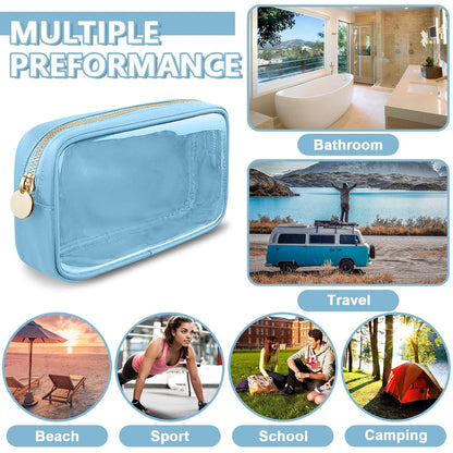 Clear Small Makeup Bag with Zipper, Nylon&PVC Cosmetic Travel Bag Preppy TSA Approved Toiletry Bag for Women Girls, Transparent Waterproof Makeup Pouches Cute Travel Bag for Purse(Small-Blue)