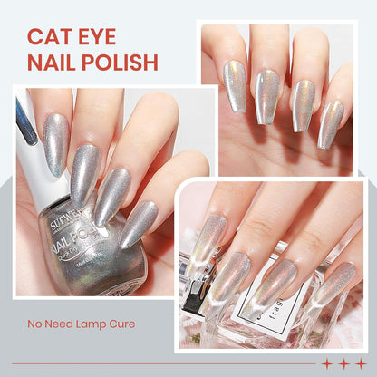 Aurora Silver Magnetic Nail Polish Non Gel with Magnet Quick Dry Cat Eye Nail Polish for Fingernail Air Drying Fast Lacquer Manicure Gift For Women Girls 16ml, 0.54fl oz