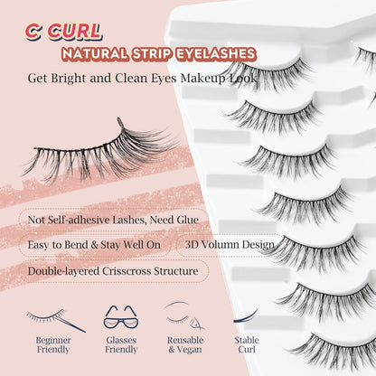 Wispy Eyelashes Cat Eye Lashes Natural Look Fox Eye Eyelashes Thin Band Strip Lashes 15MM False Eyelashes 3D Volume Fake Lashes Pack 7 Pair Siligli