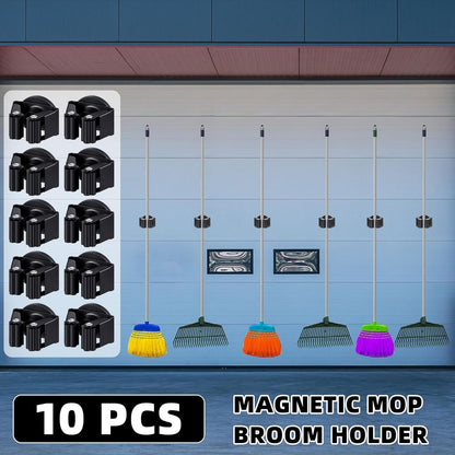 10 Pcs Magnetic Mop Broom Holder Movable Magnetic Broom Holder Rack, Anti Slip Wall Mounted Utility for Cleaning Tools, Garage, Kitchen, Laundry, Garden (Black)