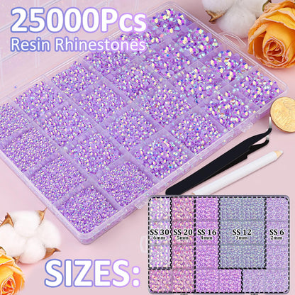 25000Pcs Resin Jelly Rhinestones for Crafting, Lavender Purple AB 2-6mm Mixed Sizes Non Hotfix Flatback Gems, Bedazzling Crystal for DIY Crafts Clothing Tumblers Mugs Shoes Fabric Nail Art