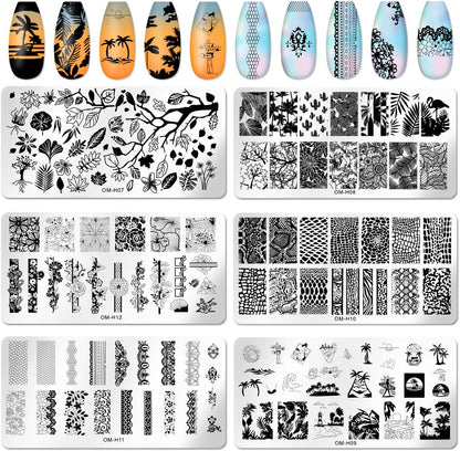 6pcs Nail Art Stamping Plates Set Manicuring Accessories Coconut Tree Leaves Flowers Birds Cactus Island Geometry Image Template for DIY Tips Decoration