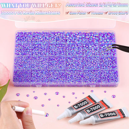 30000Pcs Resin Dark Purple AB Rhinestones for Bedazzling Crafting with b7000 Jewelry Glue, Bulk Flatback Gems Bedazzler Kit for Crafts Clothes Shoes Fabric Nail Diamond Art, Assorted Size 2/3/4/5/6mm