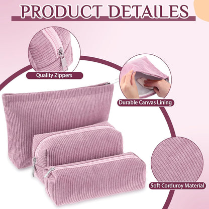 3 Pcs Makeup Bag Set for Women Corduroy Cosmetic Pouch Aesthetic Smile Travel Toiletry Bag Cute Purse Pouch Pencil Case Makeup Brushes Storage Organizer for Christmas(Rose Pink,Solid Style)