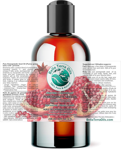 Bella Terra Oils - Organic Pomegranate Seed Oil 8 oz - Rich in Nutrients for Skin Hydration, Cold-Pressed from Organic Pomegranate Kernels