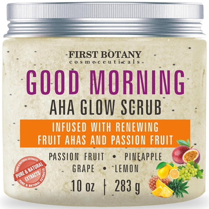 First Botany Body Scrub - Natural Exfoliating Salt Scrub & Body and Face Souffle helps with Moisturizing Skin, Acne, Cellulite, Dead Skin Scars, Wrinkles (10 fl oz, AHA Passion Fruit)
