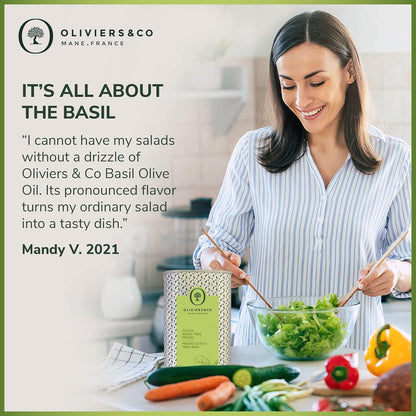 Fresh Basil Olive Oil by Oliviers & Co. | Cold Pressed Extra Virgin Olive Oil | Everyday and Cooking EVOO from Italy | Gourmet Flavored Oil in Tin Can | (33.6 Fl Oz, Fresh Basil)