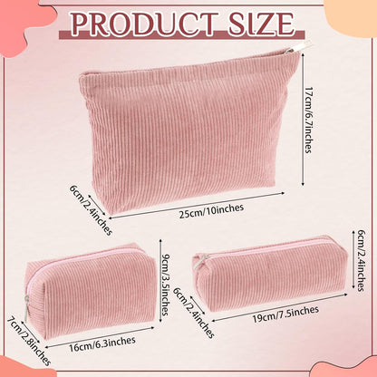 3 Pcs Makeup Bag Set for Women Corduroy Cosmetic Pouch Aesthetic Smile Travel Toiletry Bag Cute Purse Pouch Pencil Case Makeup Brushes Storage Organizer for Christmas(Pink,Solid Style)