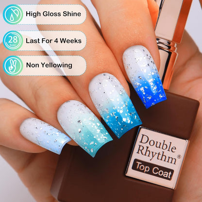 Double Rhythm 15ML No Wipe Gel Top Coat Base Coat Iridescent Glitter Shimmer 2 in 1 Nail Polish Soak Off Manicure DIY Home Salon (Silver Top Coat)