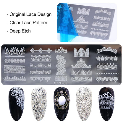 6pcs Lace Flower Design Nail Stamping Plate Kit With French Tip Nail Stamper Kit Ribbon Bow Knot Nail Stencil Reusable Stainless Steel Manicure Tool Nail Supplies for Salon DIY