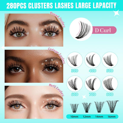 Lash Clusters Wispy 280PCS Eyelash Extension 60D Cluster Lashes Individual Lashes DIY Lash Extension Natural Look Cluster Eyelash Extensions Soft False Eyelashes at Home for Beginners(16mm)
