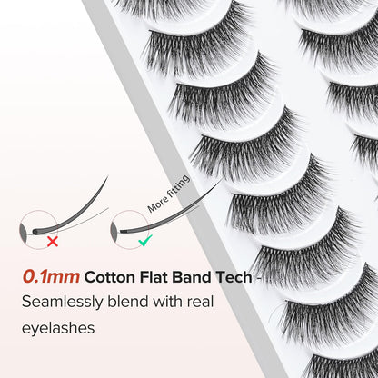 False Eyelashes Cat Eye Lashes Wispy 15mm Strip Eyelashes Thin Band Natural Lashes Fluffy Eyelashes Siligli Lashes Pack Fake Lashes 3D Volume Curly Eyelash 10 Pair