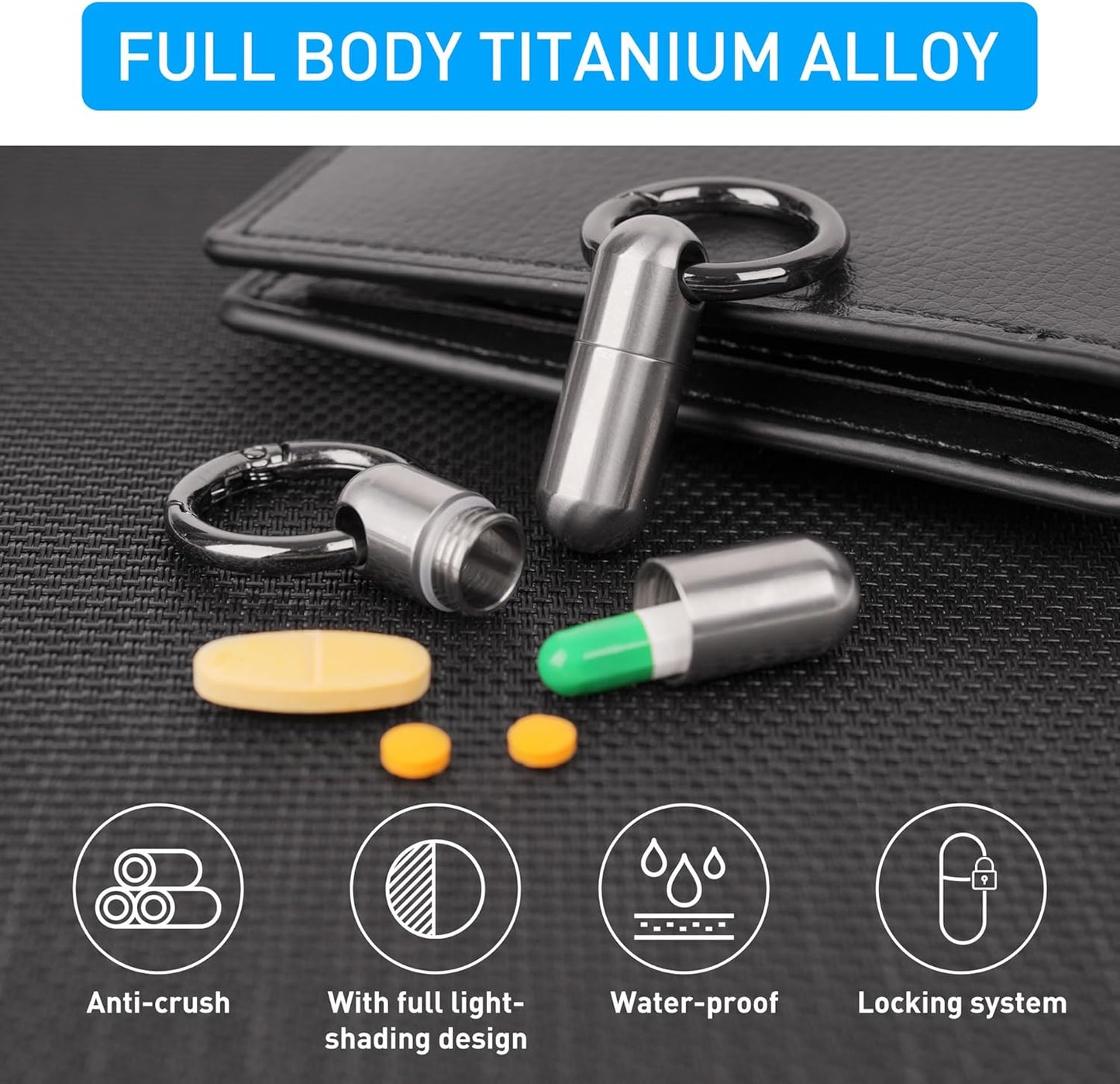 Micro Keychain Pill Holder Titanium Waterproof Mini Pill Container for Emergency Medicine，Travel Purse Pocket (Silver)