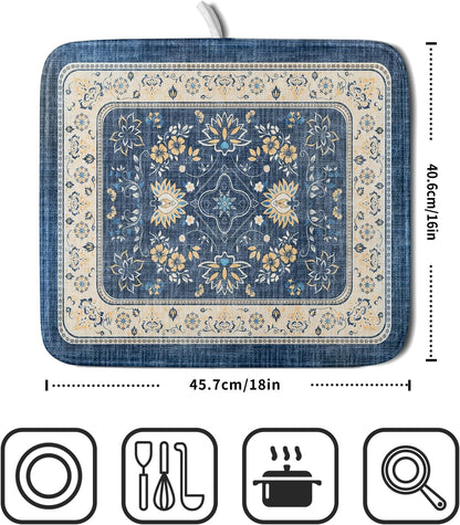 Blue Boho Dish Drying Mat for Kitchen Counter 16x18 Inch Fast Dry Drying Pad Vintage Floral Dish Drainer Rack Mats Coffee Bar Accessories