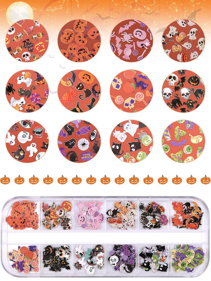 Kalolary Halloween Nail Art Sequins, 3D Skull Spider Pumpkin Bat Ghost Witch Stickers for Acrylic Nails, Halloween Wood Pulp Glitter Flakes for Nail Art Decorations