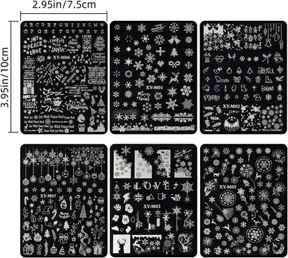 6Pcs Christmas Stamping Plates Set Winter Nail Stamp Kit Xmas Art Image Plates With Snowflakes Tree Bell Snowman Elk Designs DIY Stainless Steel Polish Template
