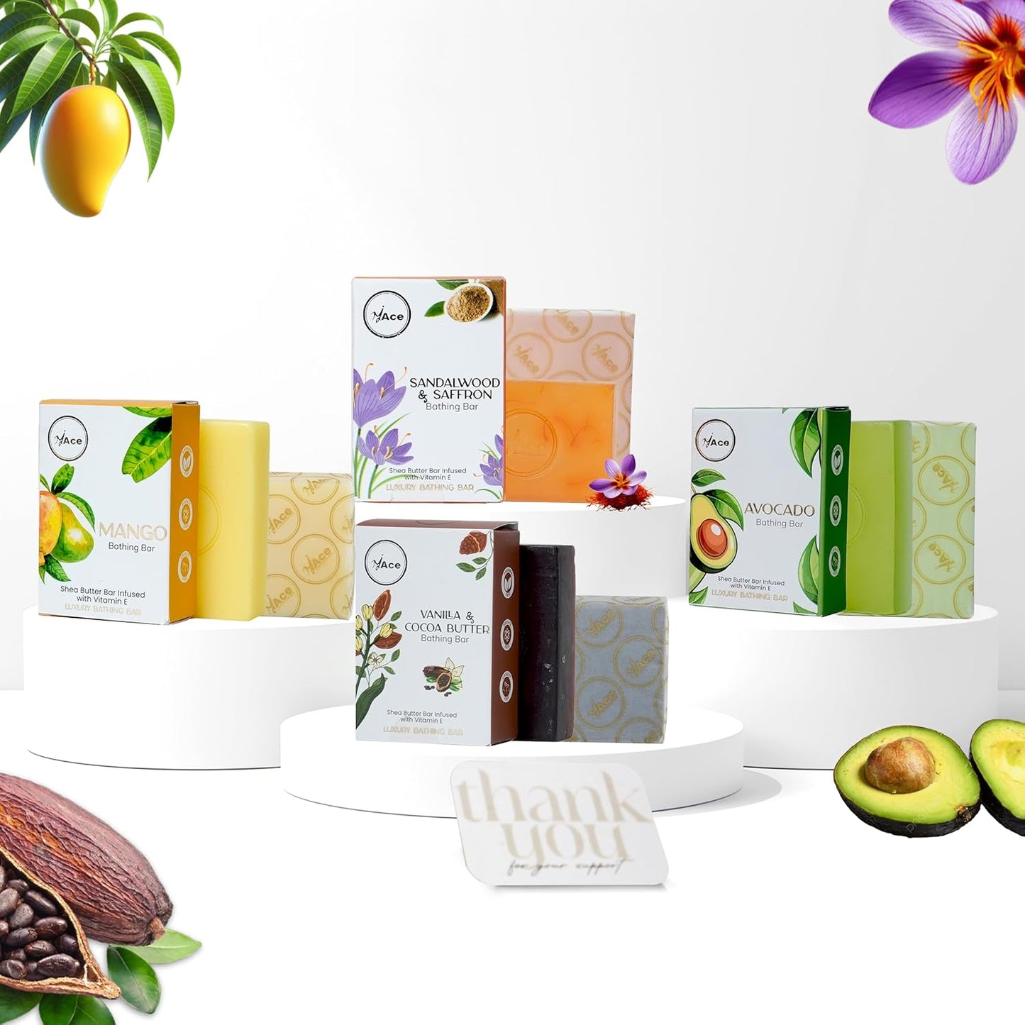 My Ace Handmade Soap Set – 4 Bathing Bars: Avocado, Mango, Vanilla & Cocoa Butter, Sandalwood & Saffron – SLES & Paraben-Free, Coconut Oil, Shea Butter & Vitamin E – Gentle & Moisturizing, 3.5 oz Each