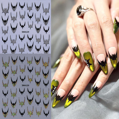 4pcs Halloween Bat Nails Art Stickers Glitter Holographic Gold Silver French Bat Design Adhesive Nail Decals Sliders Halloween French Sticker for Nails Supplies Accessories Y2K Manicure Decor