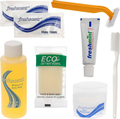 Moda West 96 Kits - Bulk Case of Wholesale Basic Toiletry Bathroom Kits for Men, Women, Travel & Charity, Shampoo, Toothpaste, Deodorant & More, Perfect for Homeless Shelters & Airbnb Donation