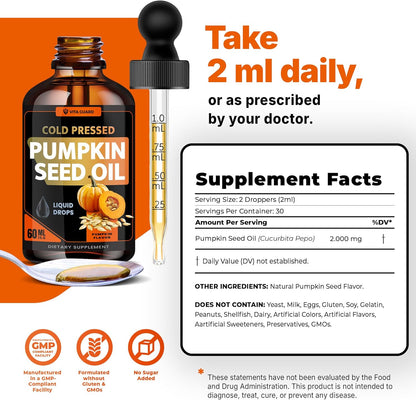 Cold Pressed Pumpkin Seed Oil Liquid Drops – 2000mg per Serving | Vegan, Gluten-Free, Non-GMO | Hair, Skin & Prostate Support | Natural Pumpkin Flavor | 60ml Dietary Supplement